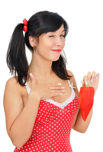 Skönhet flicka med röd paprika — Stockfoto