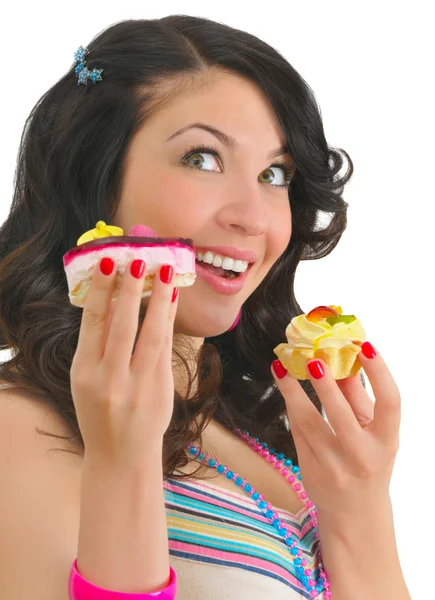 Słodkie młoda kobieta z dwoma smaczne ciastka — Zdjęcie stockowe