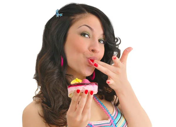 Beautiful young woman with tasty cake — Stock Photo, Image