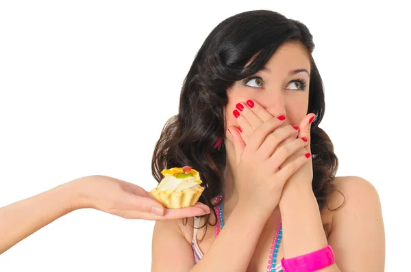 Young woman and tasty cake — Stock Photo, Image