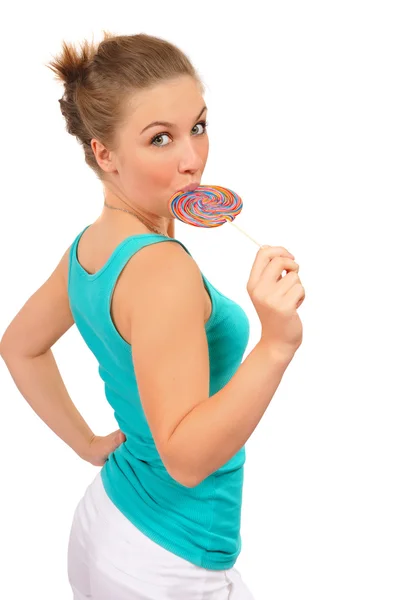 Pretty girl with candy in her hand — Stock Photo, Image