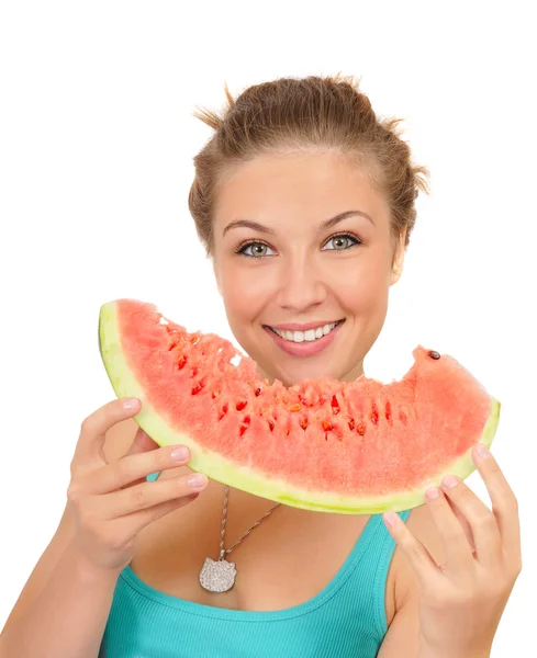 Jonge vrouw eten sappige watermeloen — Stockfoto