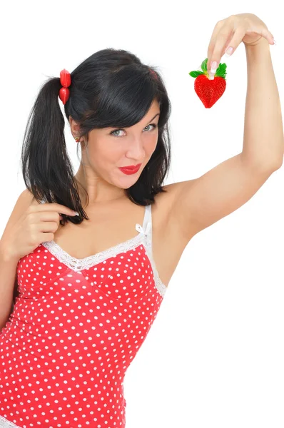 Beauty girl with red heart-shaped strawberry — Stock Photo, Image