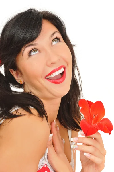 Beauty girl with red flower — Stock Photo, Image
