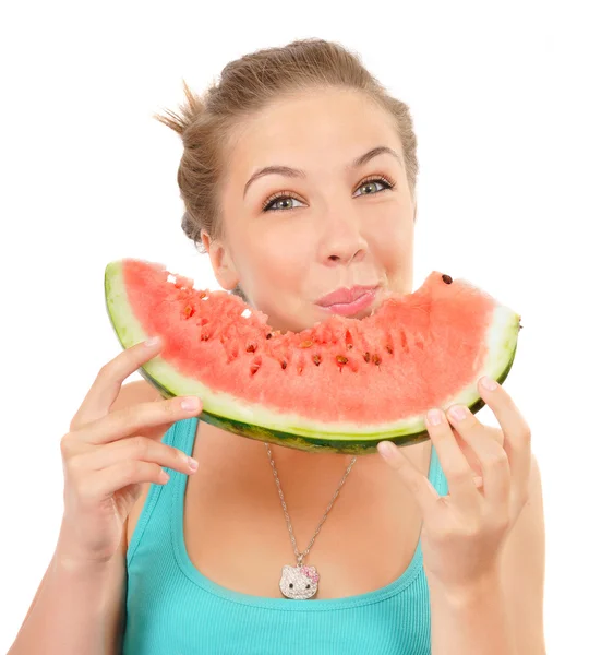 Leuk meisje eten sappige watermeloen — Stockfoto