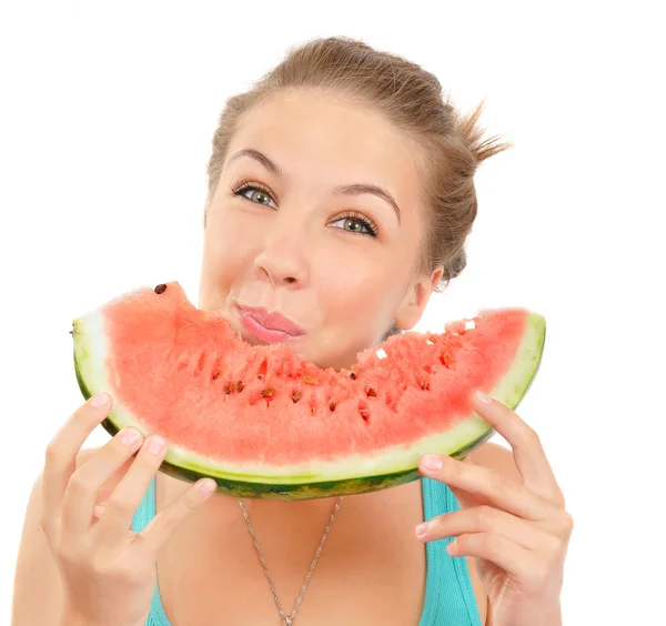 Linda mujer comer jugosa sandía —  Fotos de Stock