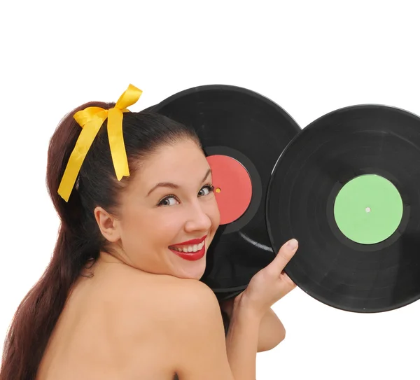 Šťastné usměvavá dívka s vinylové desky — Stock fotografie