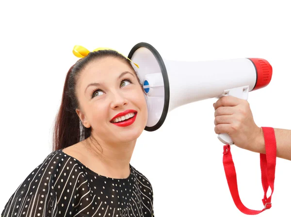 Interested young woman with megaphone — Stock Photo, Image
