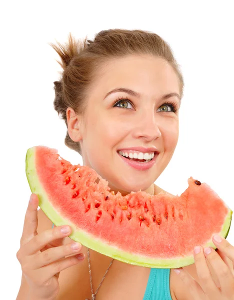 Lächelnde junge Frau isst Wassermelone — Stockfoto