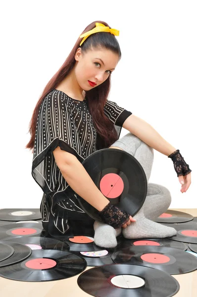 Stijlvolle meisje met vinyl schijven — Stockfoto