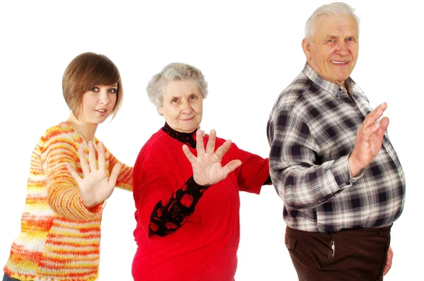 Avós felizes e neta fazer o papel de tolo — Fotografia de Stock