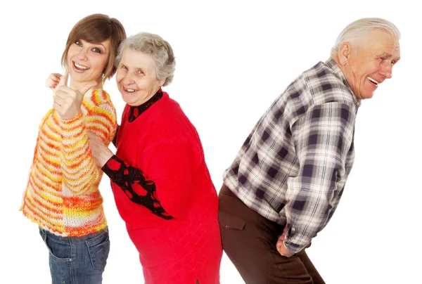 Happy grandparents and granddaughter play fool — Stock Photo, Image