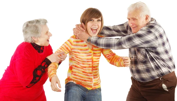 Счастливые бабушка с дедушкой и внучка играют — стоковое фото