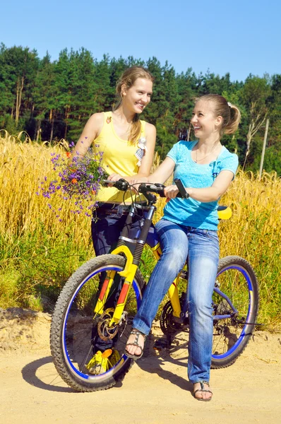 Hermosas chicas sonrientes descansan de montar en bicicleta en el camino del pueblo —  Fotos de Stock