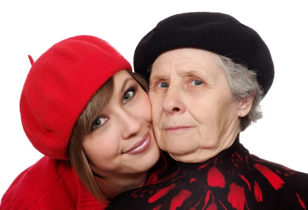 快乐的祖母和孙女与贝雷帽 — 图库照片