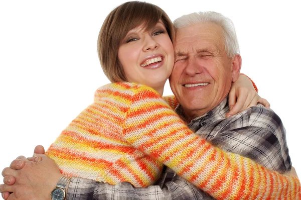 Счастливый внук обнимает счастливого дедушку — стоковое фото