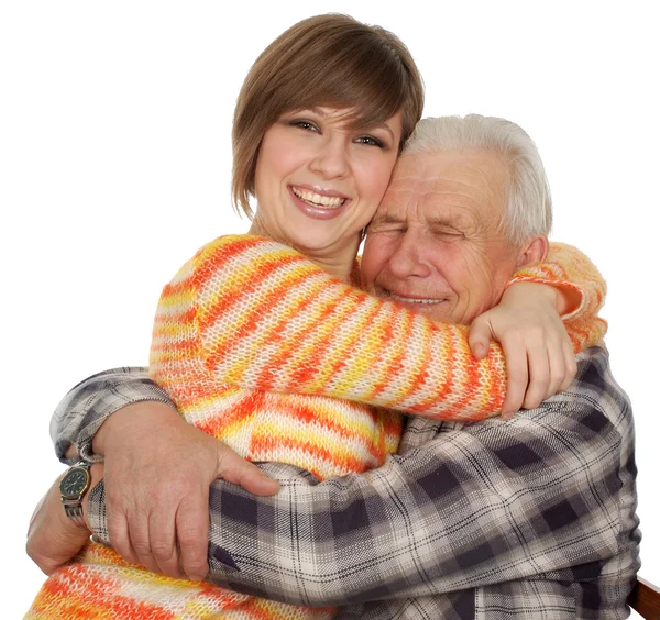 Щасливий онук обіймає щасливу велич — стокове фото