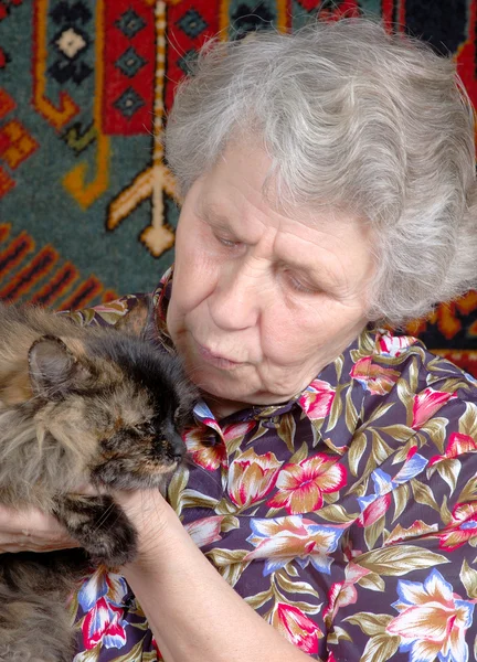 Mormor med katt på hennes händer — Stockfoto