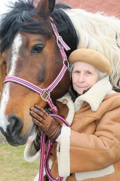 Портрет бабушки и лошади — стоковое фото
