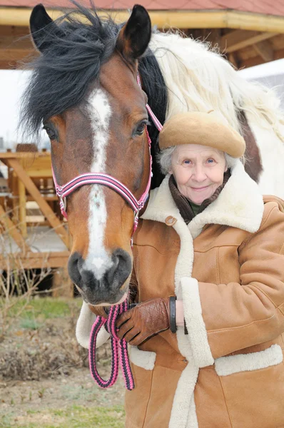 Portrait grandmother and horse — Stock Photo, Image