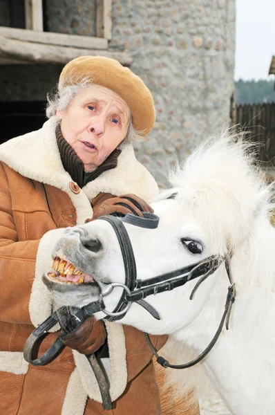 Oudere vrouw in de buurt van pony — Stockfoto