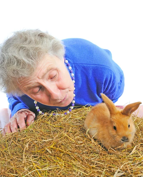 Elderly woman with one rabbit — Stock Photo, Image