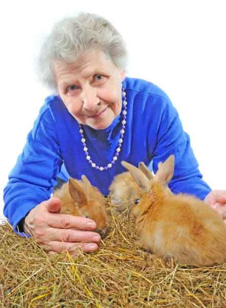 Old woman with bunny — Stock Photo, Image