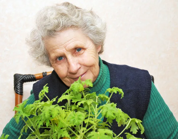 Nonna dietro bouquet di foglie verdi — Foto Stock