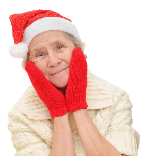 Old lady in red Santa Claus hat and red mittens — Stock Photo, Image