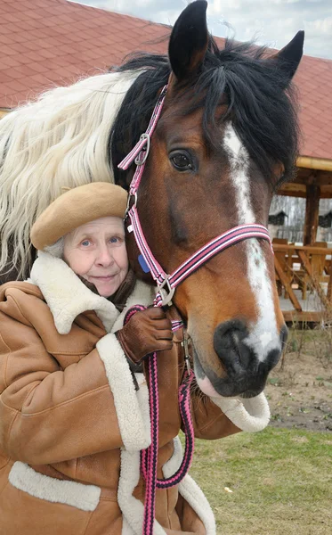 Portrait grandmother and horse — Stock Photo, Image