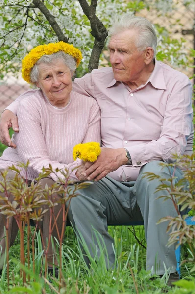 Feliz pareja de edad sobre un fondo de jardín floreciente con d — Foto de Stock