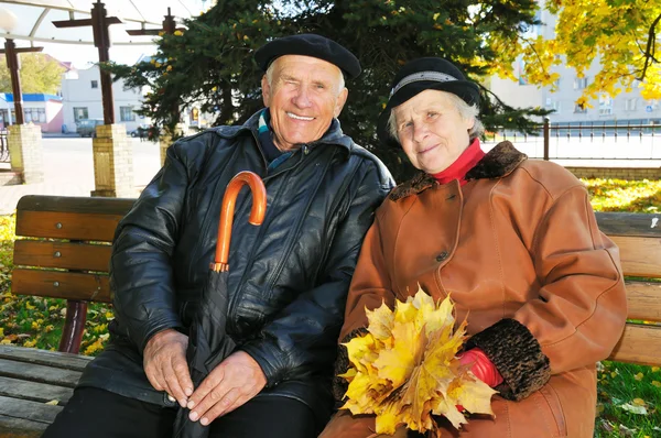 Бабушка и дедушка на скамейке — стоковое фото