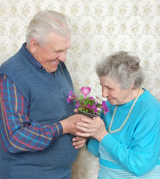 Glückliches altes Paar mit Blumen und Herz — Stockfoto