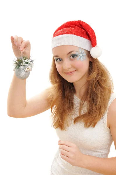Bella ragazza in cappello di Babbo Natale con giocattolo di Natale — Foto Stock
