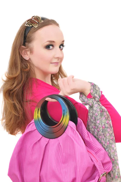 Ritratto di giovane donna con borsa rosa — Foto Stock