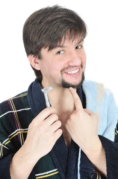 Glücklicher Mann hält Rasiermesser — Stockfoto