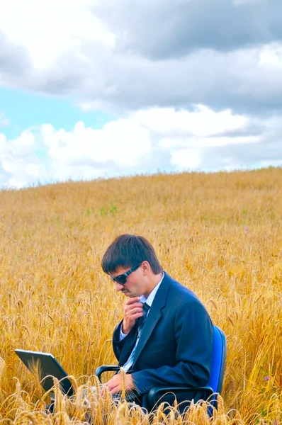 Businessman in thoughts in the middle of field — Stock Photo, Image