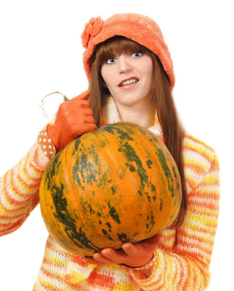 Vampire girl holding pumpkin in the hands — Stock Photo, Image