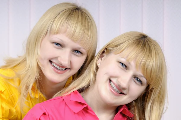 Retrato de duas belas irmãs loiras sorridentes — Fotografia de Stock