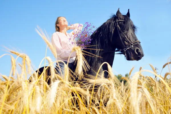 Schöne Frau reitet hübsches Pferd in Sommerfeld und nimmt eine s Stockbild