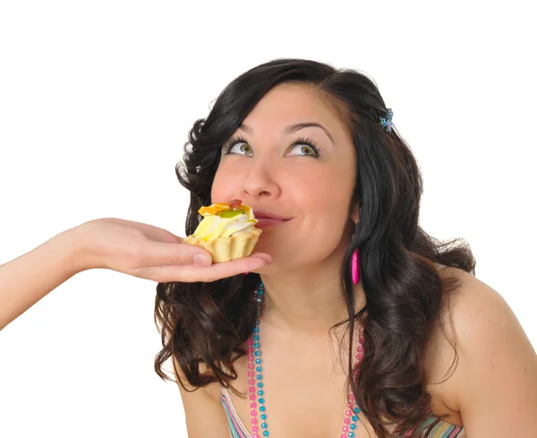 Nice young woman with tasty cake — Stock Photo, Image