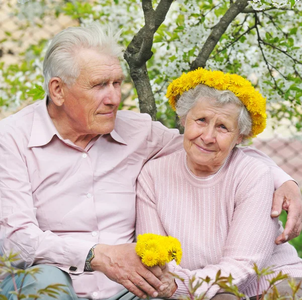 Old couple against a background of flowering garden Royalty Free Stock Photos
