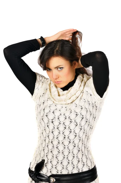 Beautiful girl dressed in duotone and white knitted jerkin — Stock Photo, Image