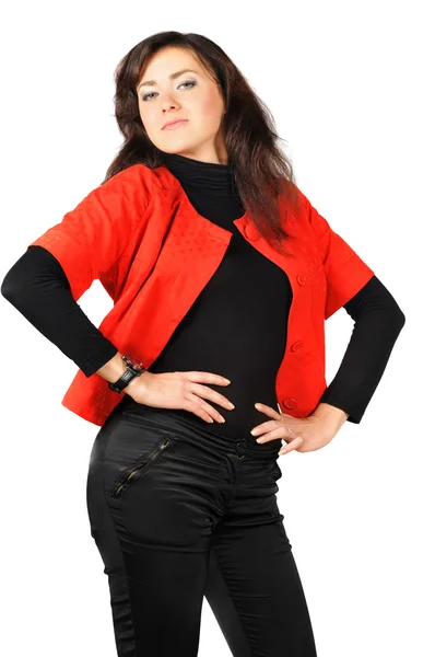 Pretty smiling young girl in red-black clothes — Stock Photo, Image