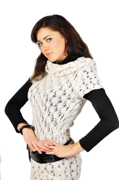 Beautiful smiling girl dressed in duotone and white knitted jerk — Stock Photo, Image