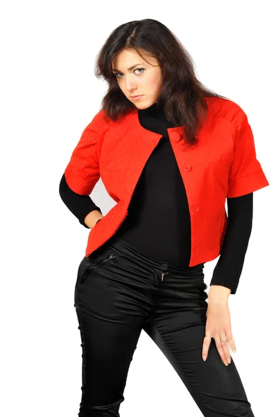 Beautiful posing young girl in red-black clothes — Stock Photo, Image