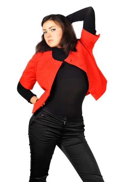 Beautiful posing girl in red-black clothes — Stock Photo, Image