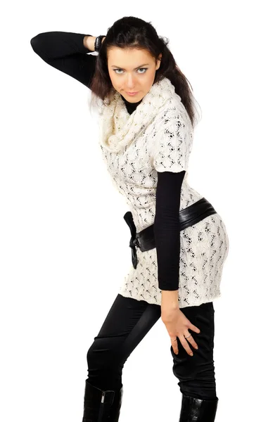 Szép fiatal lány öltözött duplex és fehér kötött jerkin — Stock Fotó