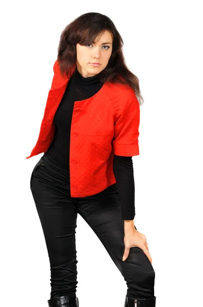 Beautiful girl in red-black clothes — Stock Photo, Image