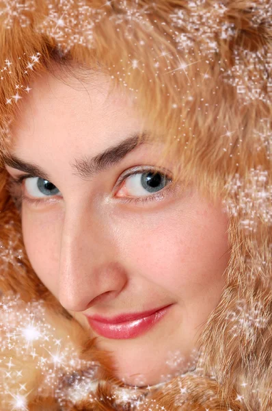 Closeup portrait of girl in fox fur — Stock Photo, Image